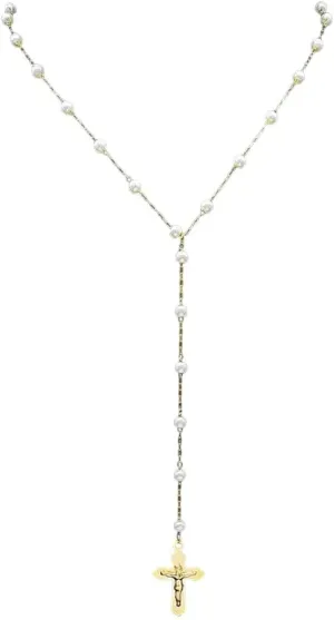 New For Fashion 2024 Cross Jesus Rosary Catholic Necklace Gold Color Stainless Steel Imitation Pearls Long Chain Necklaces Jewelry Collares Fashion Accessories Creative Gift