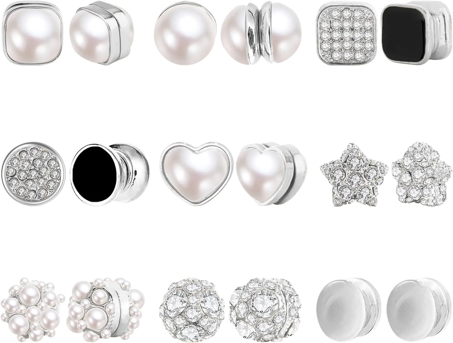 NEWITIN 9 Pairs Magnetic Stud Earrings for Women Clip on Earring Magnet Studs Inlaid Cubic Zirconia Pearl Stud Earring Fashion Non Piercing Magnetic Earrings for Women Men