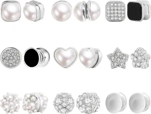 NEWITIN 9 Pairs Magnetic Stud Earrings for Women Clip on Earring Magnet Studs Inlaid Cubic Zirconia Pearl Stud Earring Fashion Non Piercing Magnetic Earrings for Women Men