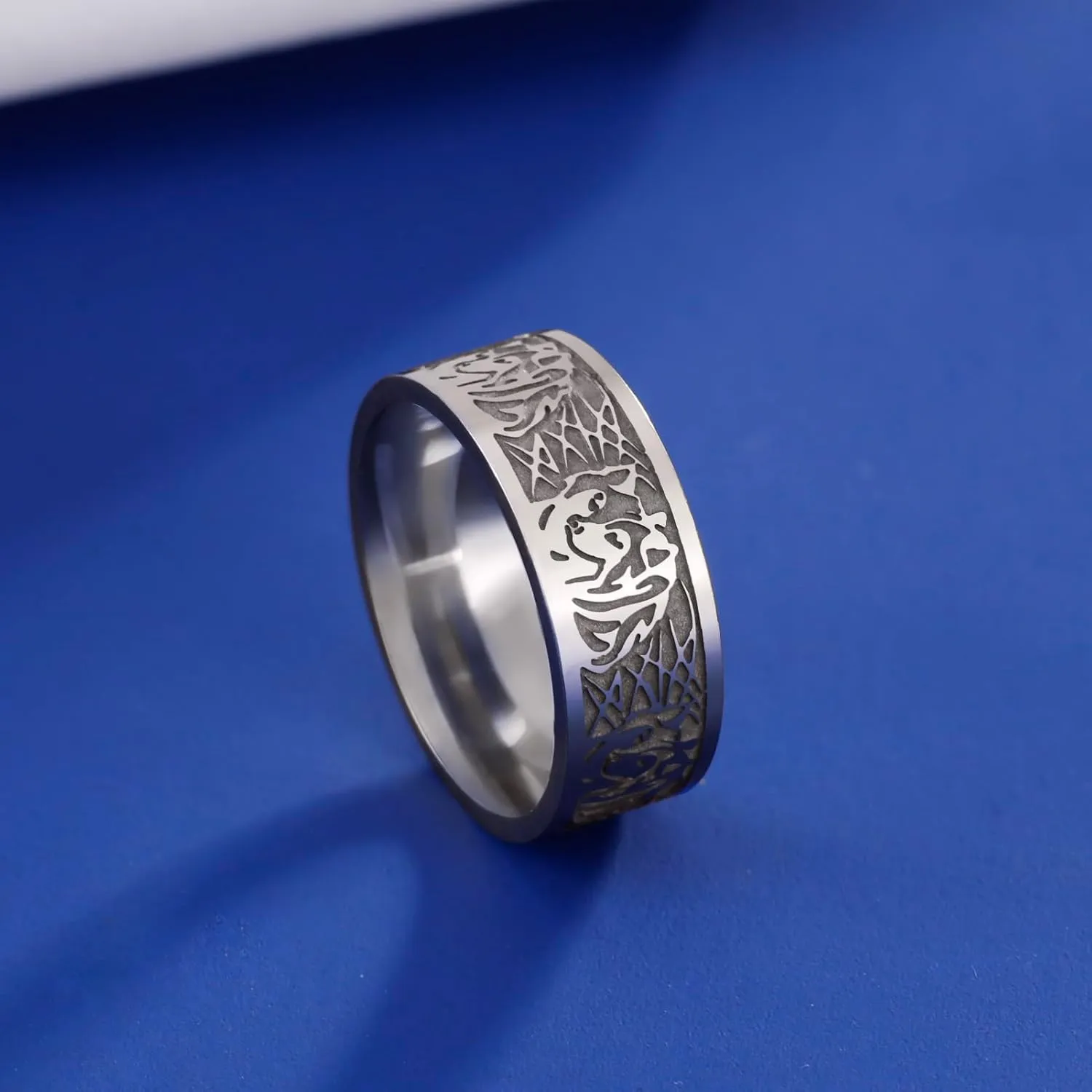 Norse Viking Ring for Men Odin's Fenrir Wolf Head Ring Stainless Steel Celtic Knot Ring Viking Lovely Wolfdog Ring for Men Jewelry Gift