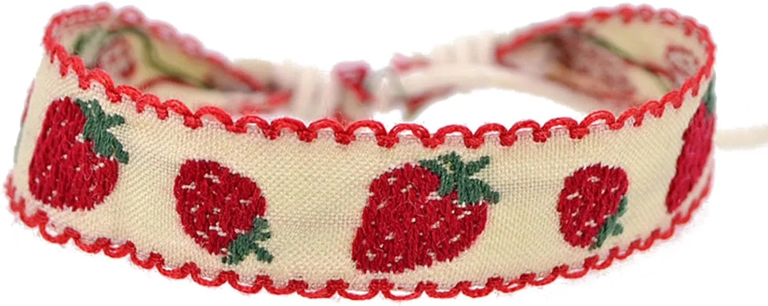 NUEAYMS Strawberry Flower Embroidered Bracelet Handmade Braided Bracelet Friendship Wrap Bracelets Thread Woven Wristbands