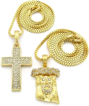 NYFASHION101 3 Row Pave Cross and Jesus Pendant Set with 24" 30" Box Chain Necklaces - Gold-Tone RC458G