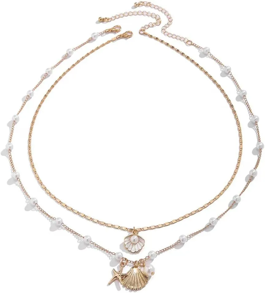 Ocean Wind Shell Imitation Pearl Necklace Set Rice Beads Shell Beach Pendant Necklace for Women Adjustable Layered Natural Sea Shell Beads Choker Necklace for Summer Beach Jewelry