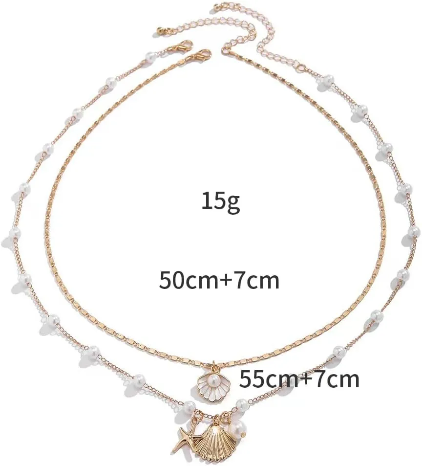 Ocean Wind Shell Imitation Pearl Necklace Set Rice Beads Shell Beach Pendant Necklace for Women Adjustable Layered Natural Sea Shell Beads Choker Necklace for Summer Beach Jewelry