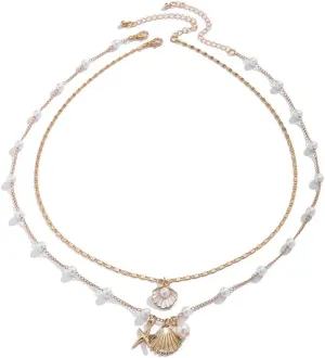 Ocean Wind Shell Imitation Pearl Necklace Set Rice Beads Shell Beach Pendant Necklace for Women Adjustable Layered Natural Sea Shell Beads Choker Necklace for Summer Beach Jewelry