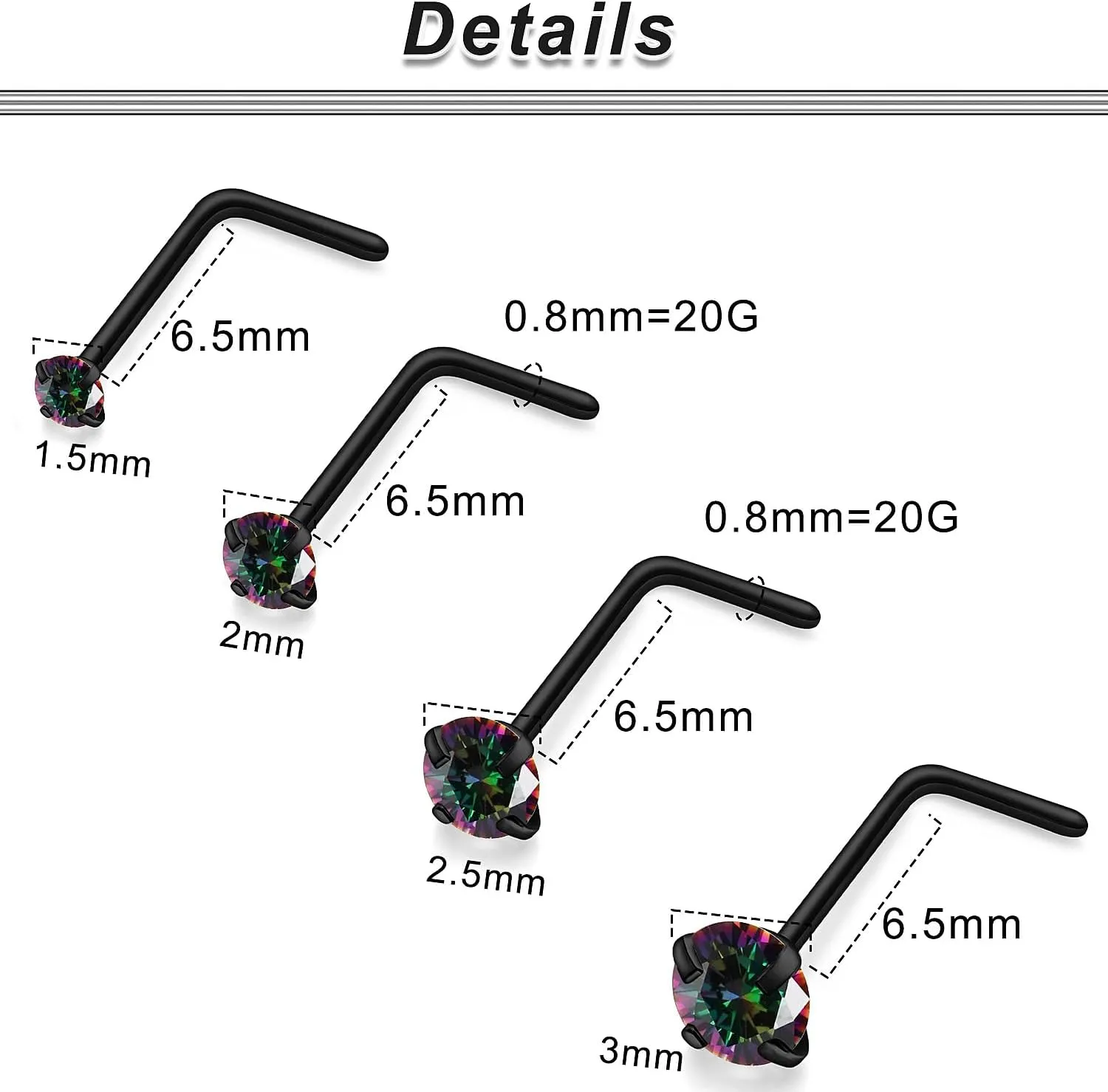 Ocptiy 18G 20G 22G Hypoallergenic Silver Nose Rings Studs 316L Surgical Steel Screw Straight L Shaped Nose Studs Shiny Cubic Zirconia Nose Nostril Rins Piercing Jewelry for Women Men CZ 1.5mm 2mm