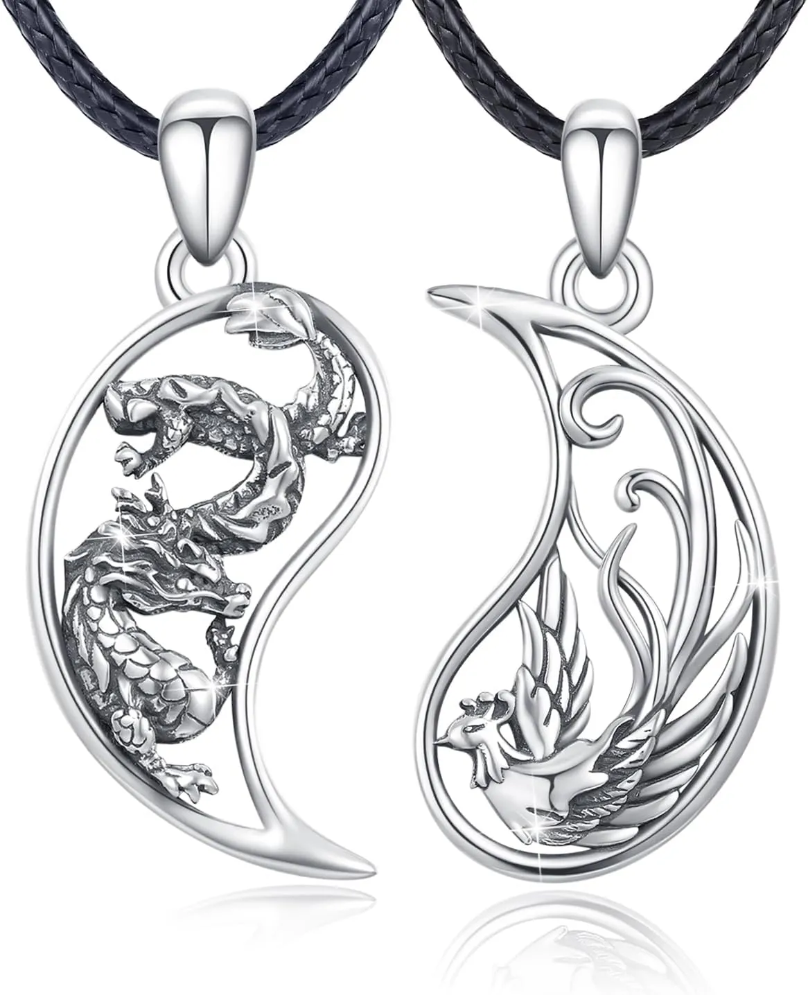 OHAYOO Dragon Phoenix Matching Necklace for Couples 925 Sterling Silver Yin Yang Pendant Necklaces for Couples Jewelry for Him and Her
