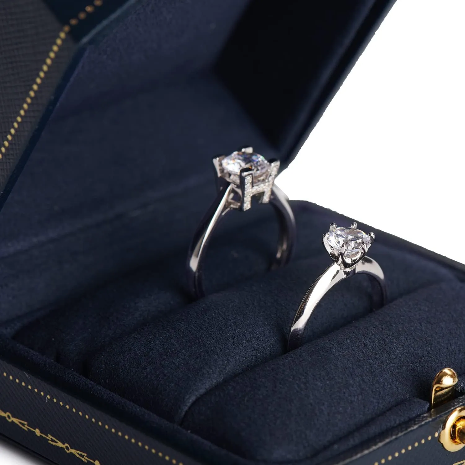 Oirlv Royal Blue Double Ring Box (Jewelry Storage, 2.95x2.95x1.96 inches, Leather, Square, 1 Compartment, 1 Drawer, 0.2 pounds) for Wedding, Anniversary, Engagement, Valentine's Day