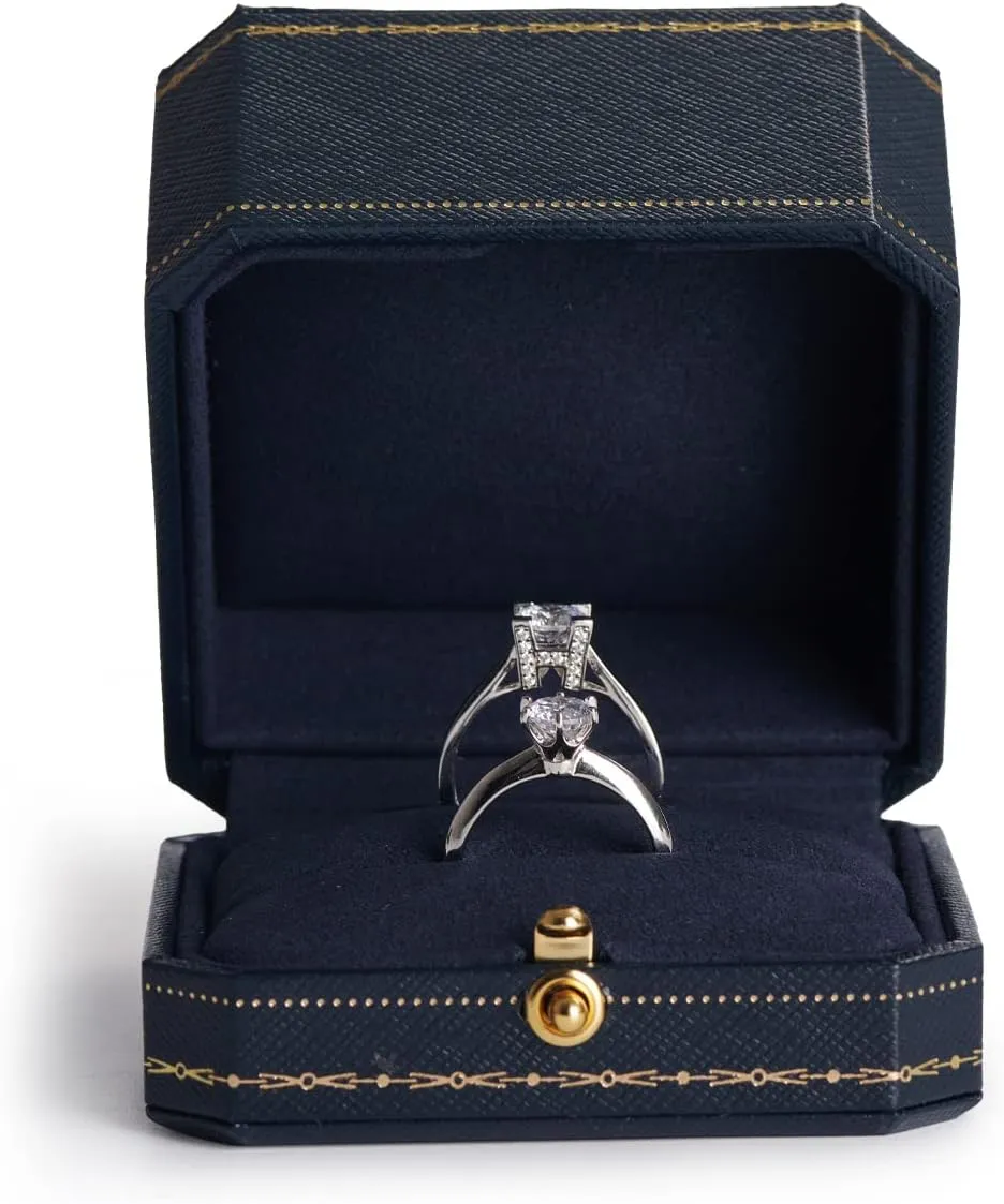 Oirlv Royal Blue Double Ring Box (Jewelry Storage, 2.95x2.95x1.96 inches, Leather, Square, 1 Compartment, 1 Drawer, 0.2 pounds) for Wedding, Anniversary, Engagement, Valentine's Day