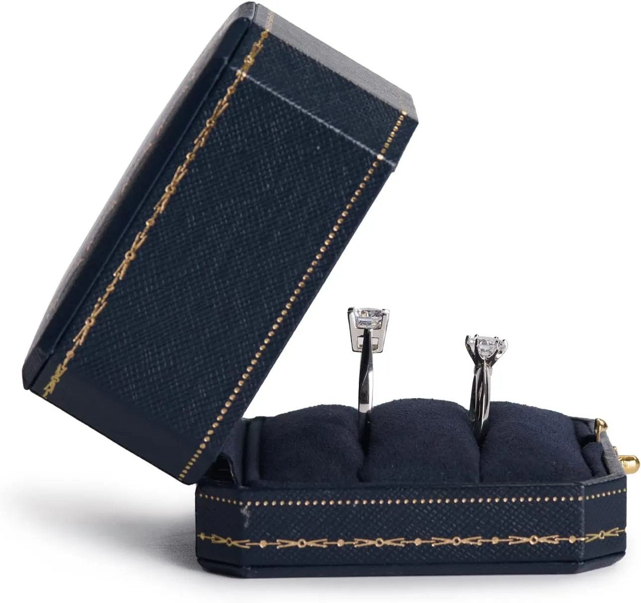 Oirlv Royal Blue Double Ring Box (Jewelry Storage, 2.95x2.95x1.96 inches, Leather, Square, 1 Compartment, 1 Drawer, 0.2 pounds) for Wedding, Anniversary, Engagement, Valentine's Day