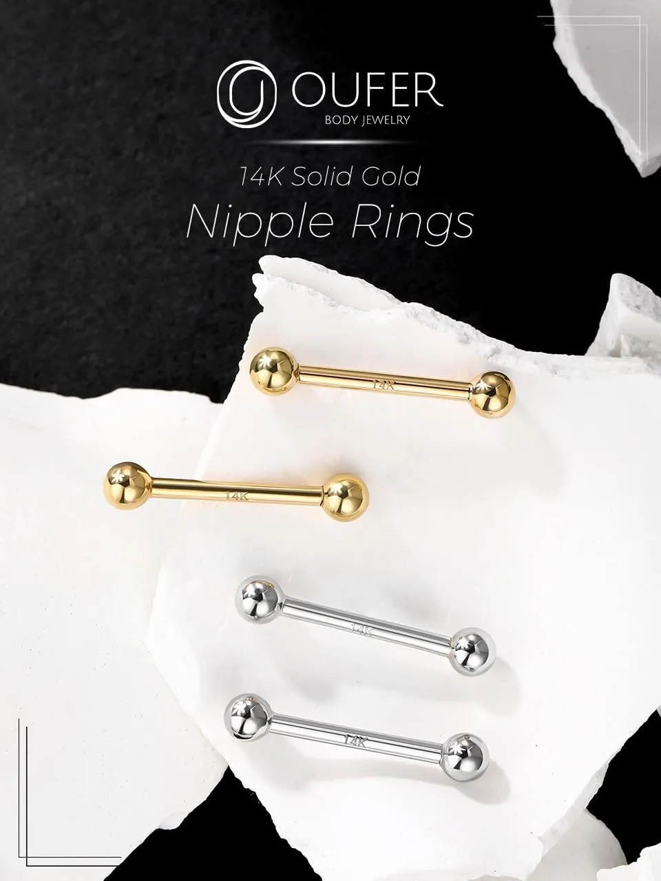OUFER Gold Nipple Rings - 2 Pack 14G Nipple Barbells, 14K Solid Gold Jewelry for Women and Men