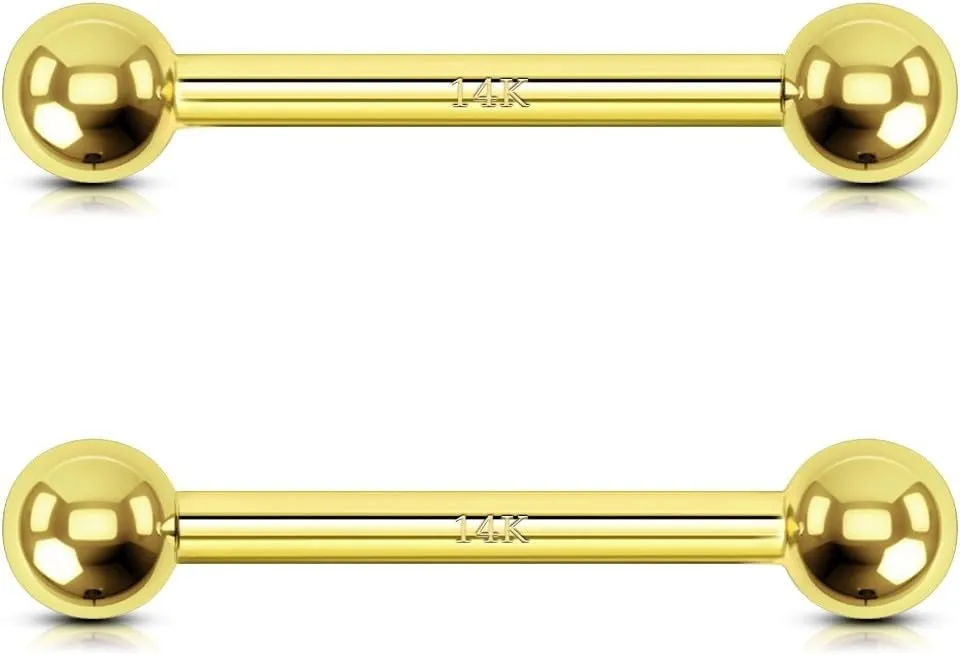 OUFER Gold Nipple Rings - 2 Pack 14G Nipple Barbells, 14K Solid Gold Jewelry for Women and Men