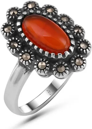 Oval Shape Natural Carnelian Stone Genuine 925 Sterling Silver Halo Marcasite Oxidized Vintage Style Statement Luxury Ring for Women