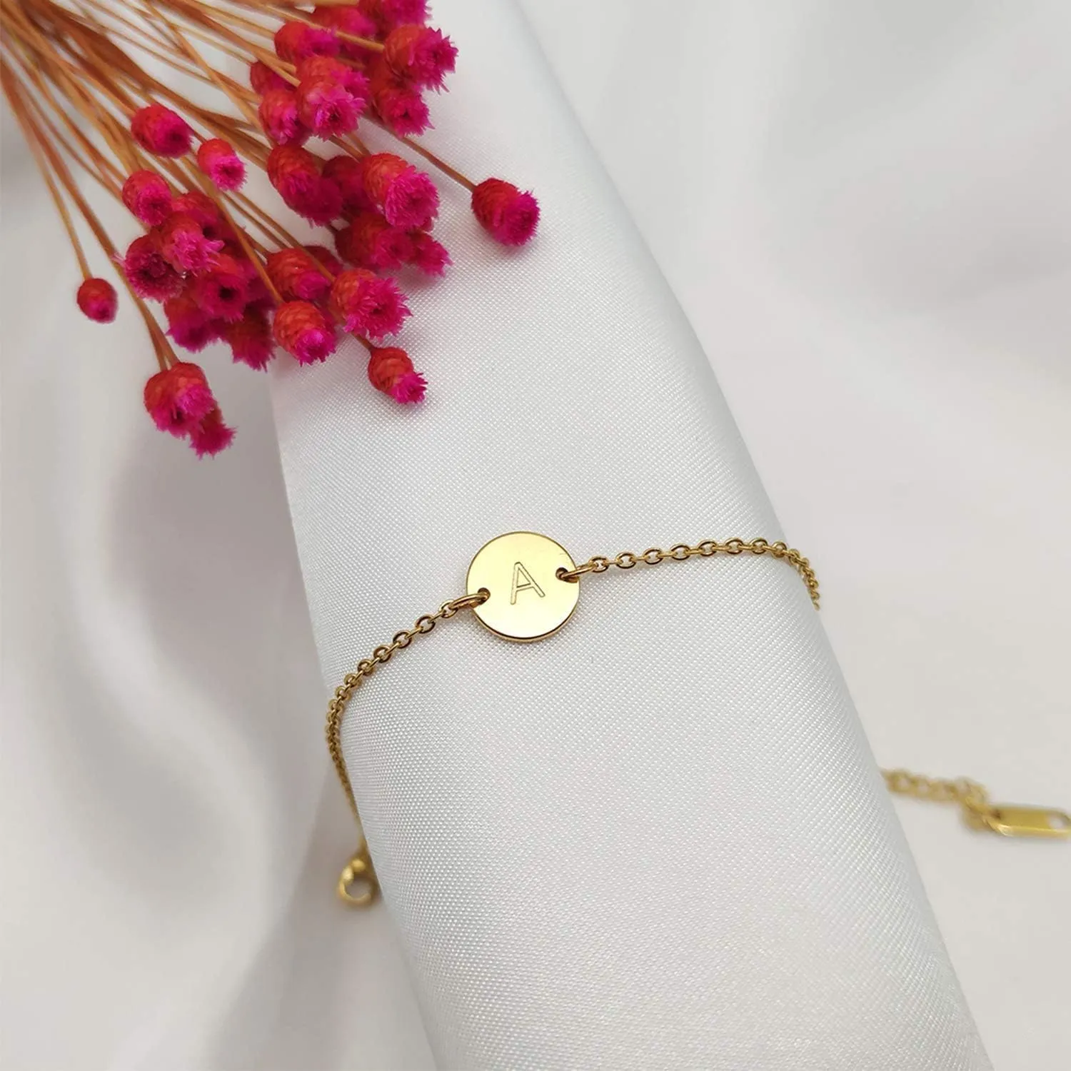 Ovian Initial Charm Bracelet for Women 18K Gold Plated stainless steel Coin Disc Engraved Letter Bracelet Personalized Monogram Name Bracelet