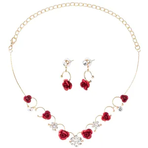 PAGOW Red Flower Necklace for Women, Rhinestone Rose Hair Accessories Bride Earrings, Jewelry Sets for Wedding, Engagement, Birthday, Christmas