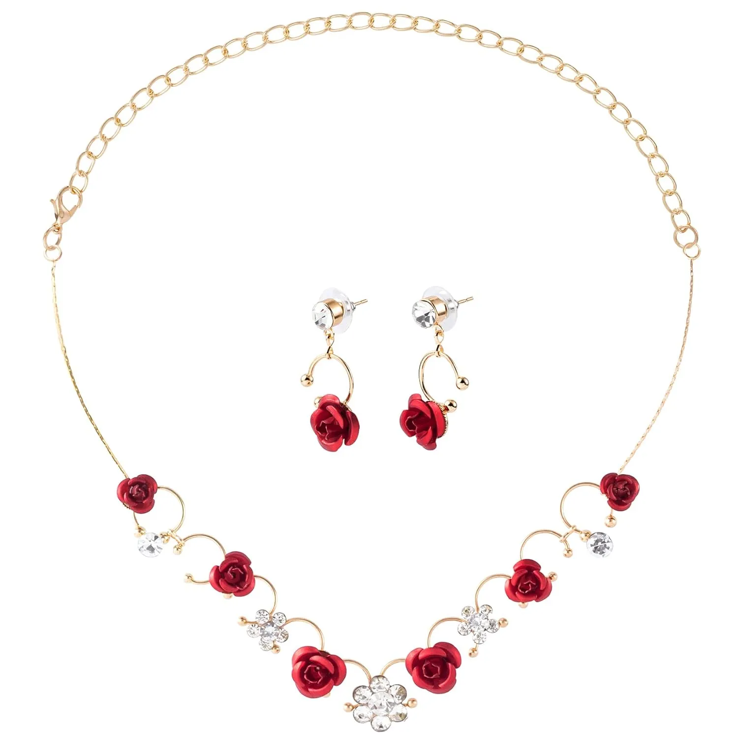 PAGOW Red Flower Necklace for Women, Rhinestone Rose Hair Accessories Bride Earrings, Jewelry Sets for Wedding, Engagement, Birthday, Christmas
