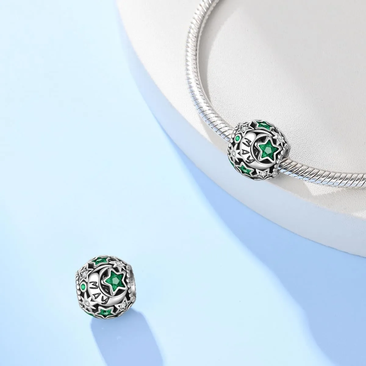 Pandach 925 Sterling Silver Birthstone Charms for Women Bracelets and Necklaces Stars and Moon Bead with 5A Cubic Zirconia,Birthday Jewelry Gifts Women