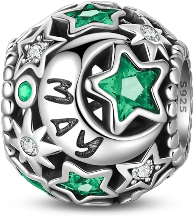 Pandach 925 Sterling Silver Birthstone Charms for Women Bracelets and Necklaces Stars and Moon Bead with 5A Cubic Zirconia,Birthday Jewelry Gifts Women