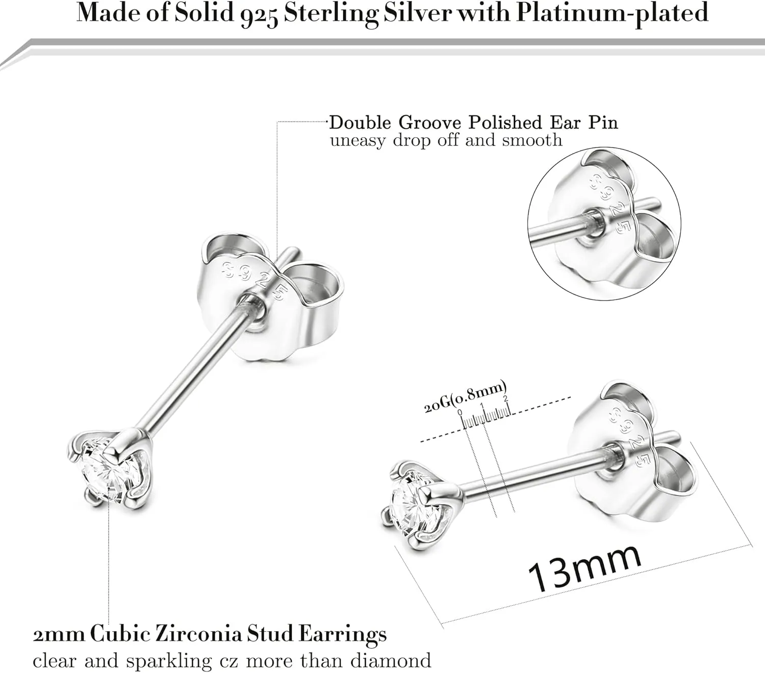 PATISORNA 925 Sterling Silver Long Post Earrings for Thick Earlobes | 2mm Tiny Cubic Zirconia Small Stud Earrings for Women Men Hypoallergenic