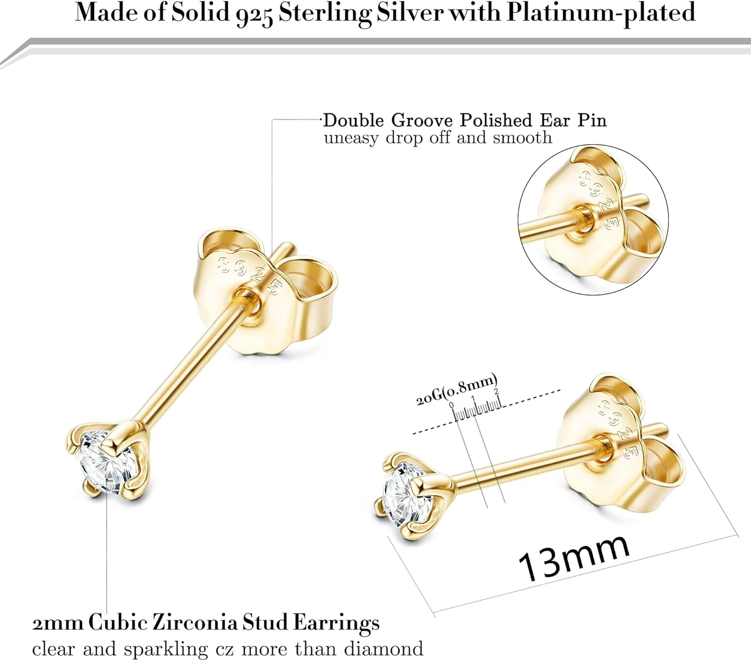 PATISORNA 925 Sterling Silver Long Post Earrings for Thick Earlobes | 2mm Tiny Cubic Zirconia Small Stud Earrings for Women Men Hypoallergenic