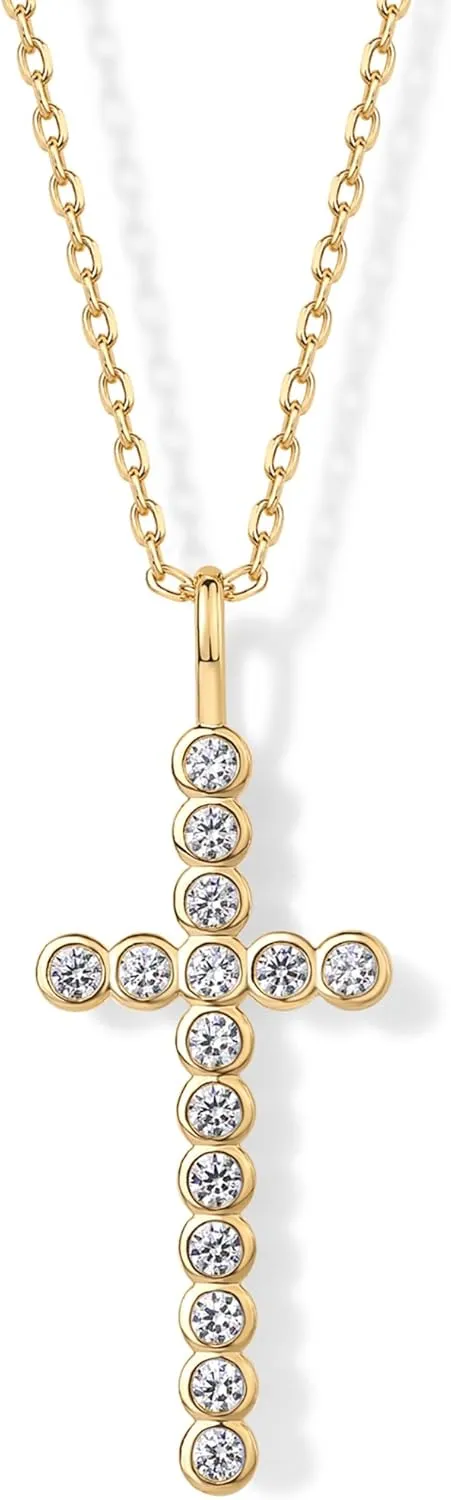 PAVOI 14K Gold Plated Cubic Zirconia Cross Pendant Necklaces for Women | Linear Bezel CZ Religious Cross Faith Pendant Necklace