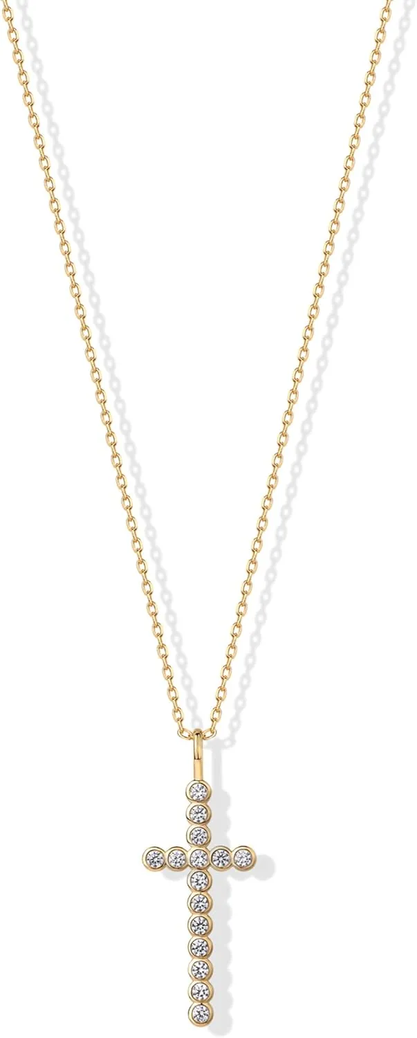 PAVOI 14K Gold Plated Cubic Zirconia Cross Pendant Necklaces for Women | Linear Bezel CZ Religious Cross Faith Pendant Necklace