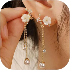 Pearl Dangle Flower Earrings For Women Long Wedding Bridal Chain Earring 14k Gold Floral Trendy Statement Jewelry Gifts