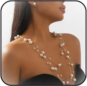 Pearl Earrings and Necklaces Set Layered Pearl Bridal Wedding Jewelry Set Formal Costume Jewelry for Women and Brides Pearl Prom Dresses Accessories