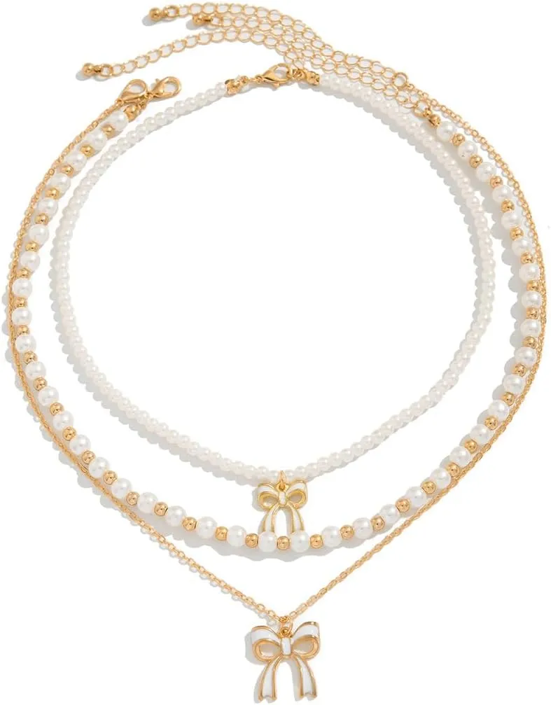 Pearl Layered Necklaces for Women,14k Dainty Gold Plated Necklace Pearl Chain With White Bow Pendant Layering Choker Trendy Jewelry Gift