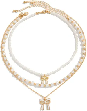 Pearl Layered Necklaces for Women,14k Dainty Gold Plated Necklace Pearl Chain With White Bow Pendant Layering Choker Trendy Jewelry Gift