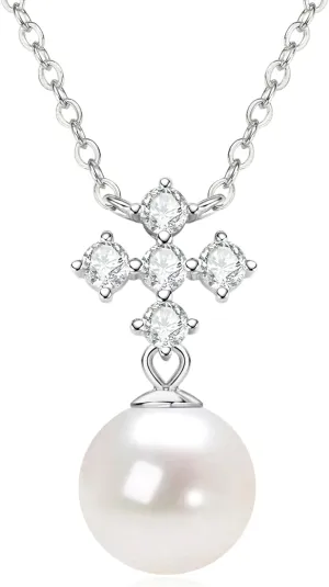 Pearl Necklaces for Women, Sterling Silver Freshwater White Pearl Pendant Necklace with Moissanite Pearl Jewelry Gifts for Wife Mom