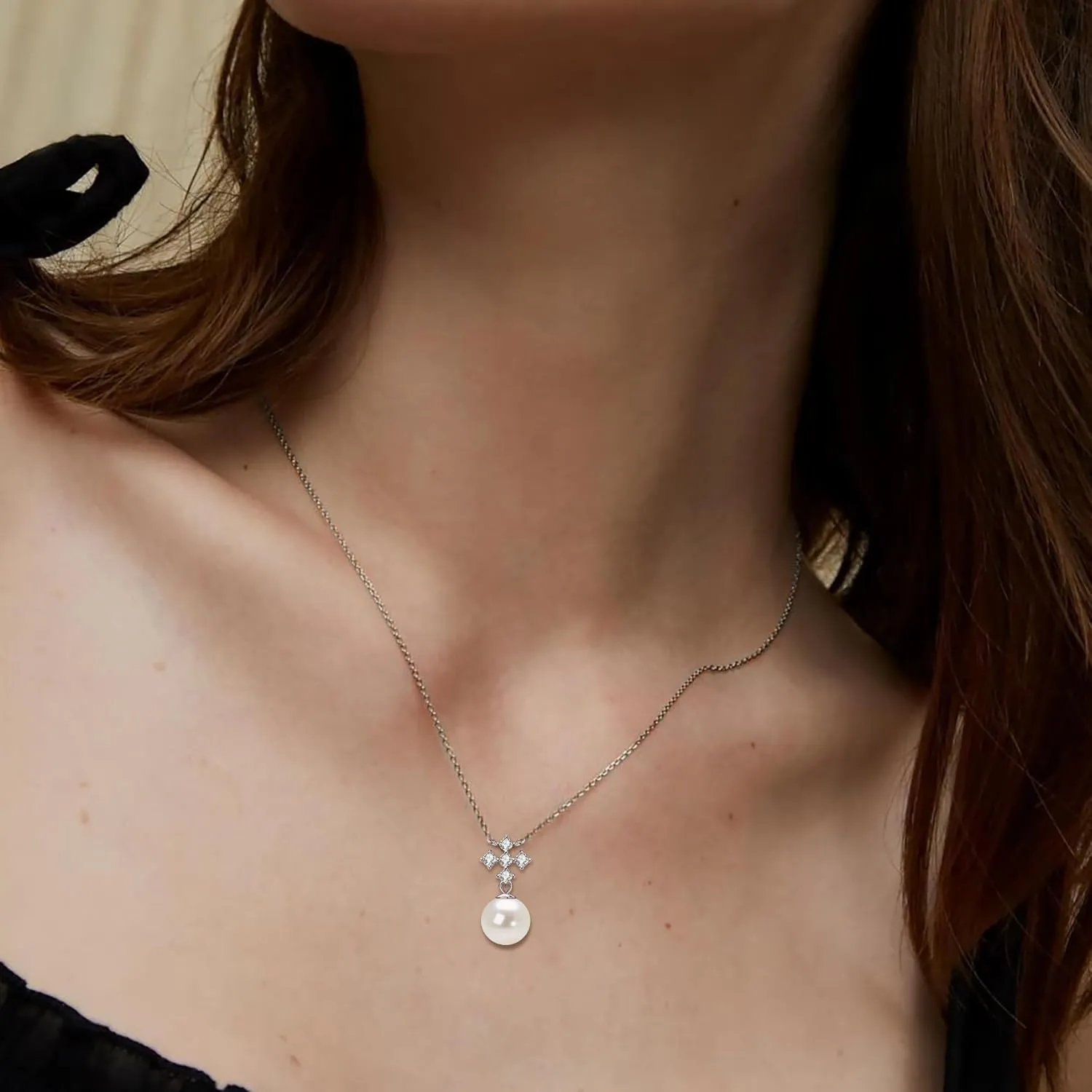 Pearl Necklaces for Women, Sterling Silver Freshwater White Pearl Pendant Necklace with Moissanite Pearl Jewelry Gifts for Wife Mom