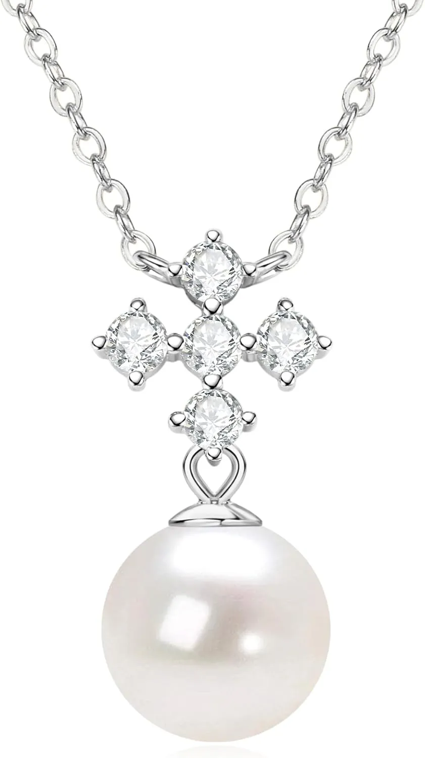 Pearl Necklaces for Women, Sterling Silver Freshwater White Pearl Pendant Necklace with Moissanite Pearl Jewelry Gifts for Wife Mom