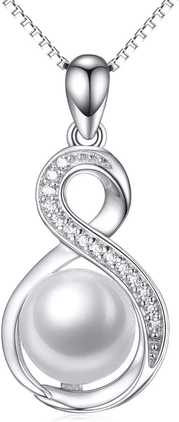Pearl Pendant Necklaces for Women,925 Sterling Silver Cross Lucky Knot Pendant/Infinity Pendant with Cubic Zirconia,Anniversary Birthday Gifts for Her 16'' 2''
