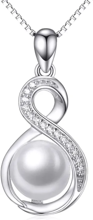 Pearl Pendant Necklaces for Women,925 Sterling Silver Cross Lucky Knot Pendant/Infinity Pendant with Cubic Zirconia,Anniversary Birthday Gifts for Her 16'' 2''