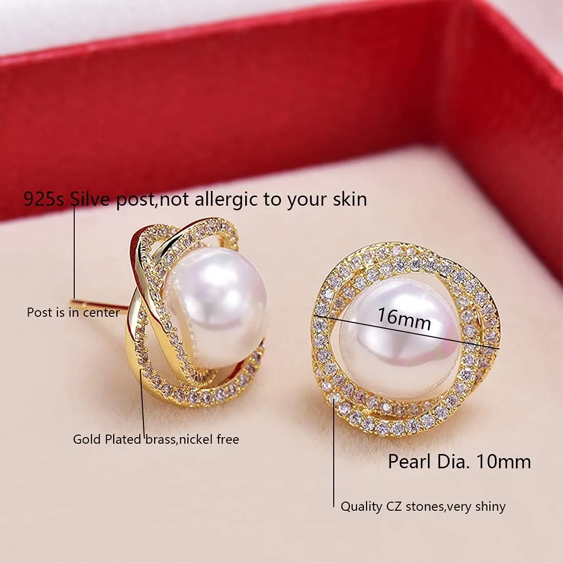Pearl Stud Earrings for Women - White Pearl Stud Earrings - Cultured Freshwater Pearl in CZ Pave Stud Earrings