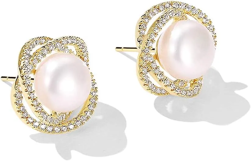 Pearl Stud Earrings for Women - White Pearl Stud Earrings - Cultured Freshwater Pearl in CZ Pave Stud Earrings