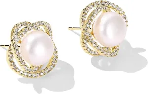 Pearl Stud Earrings for Women - White Pearl Stud Earrings - Cultured Freshwater Pearl in CZ Pave Stud Earrings
