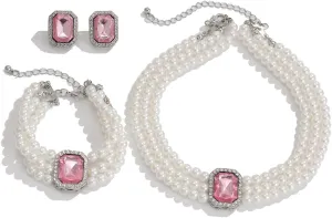Pearls Layered Choker Necklaces Multilayer Faux Pearl Bracelet Crystal Earrings Jewelry Set 1920s Choker Necklace Bridal Wedding Party Jewelry