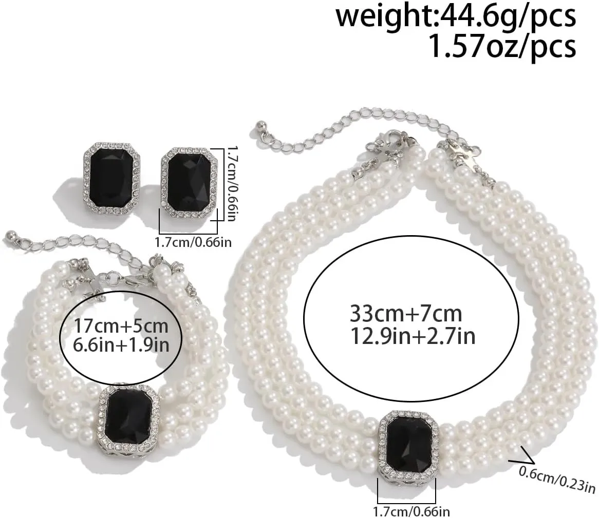 Pearls Layered Choker Necklaces Multilayer Faux Pearl Bracelet Crystal Earrings Jewelry Set 1920s Choker Necklace Bridal Wedding Party Jewelry