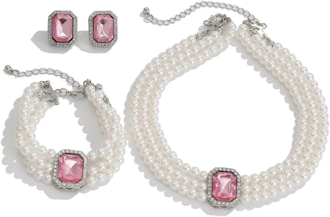 Pearls Layered Choker Necklaces Multilayer Faux Pearl Bracelet Crystal Earrings Jewelry Set 1920s Choker Necklace Bridal Wedding Party Jewelry