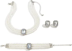 Pearls Layered Choker Necklaces Multilayer Faux Pearl Bracelet Crystal Earrings Jewelry Set 1920s Choker Necklace Bridal Wedding Party Jewelry
