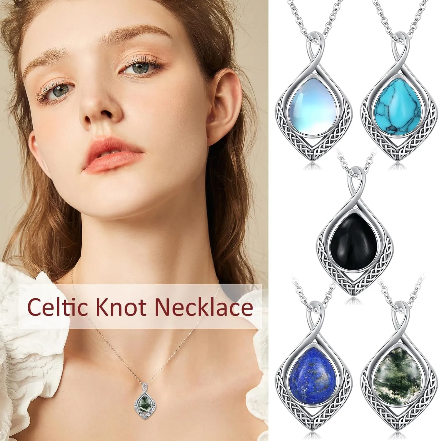 PELOVNY Celtic Knot Infinity Necklaces 925 Sterling Silver Gemstone/Birthstone Teardrop Necklace Irish Celtic Pendant Jewelry Gifts for Women