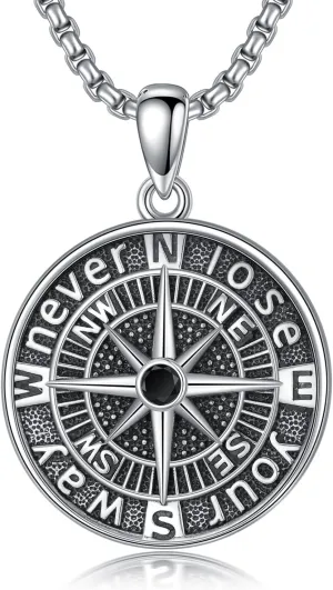 PELOVNY Compass Necklaces for Women Men 925 Sterling Silver Travel Necklace Graduation Inspirational Jewelry Gifts for Her Him