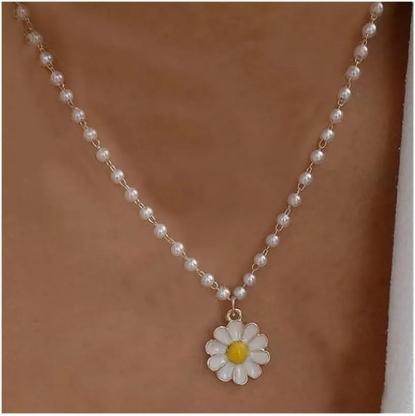 Pendant Necklace Imitation Pearl Necklace for Women Flower Pendant Beads Neck Short Chain Female Summer Jewelry Gifts Necklaces (Metal Color : 08)