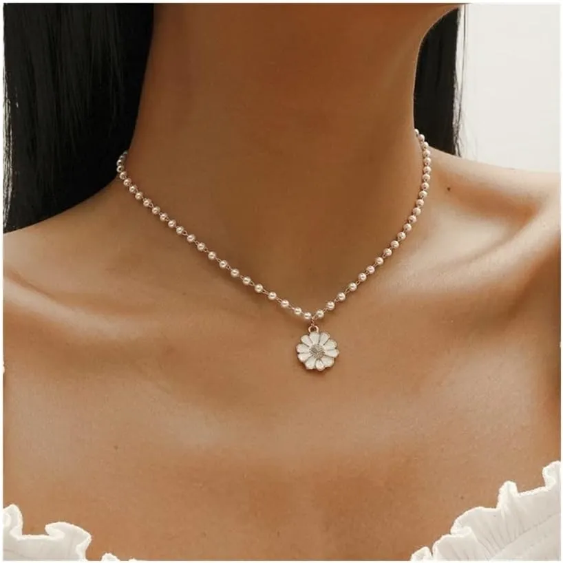 Pendant Necklace Imitation Pearl Necklace for Women Flower Pendant Beads Neck Short Chain Female Summer Jewelry Gifts Necklaces (Metal Color : 08)