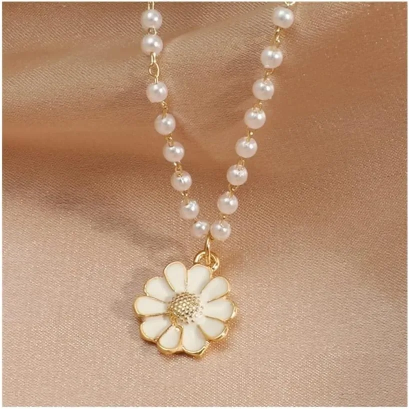 Pendant Necklace Imitation Pearl Necklace for Women Flower Pendant Beads Neck Short Chain Female Summer Jewelry Gifts Necklaces (Metal Color : 08)