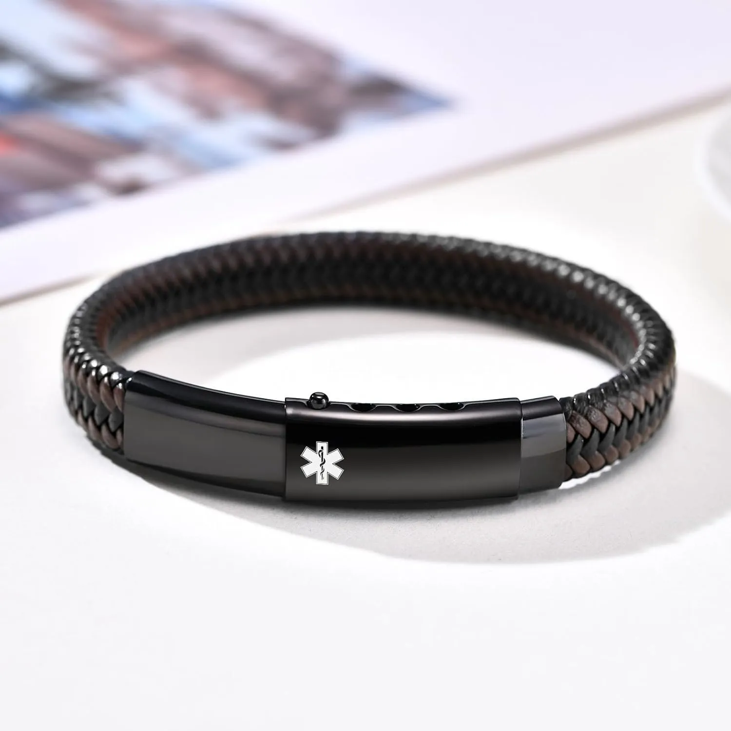 Personalized Medical Alert Bracelet for Men - Custom Stainless Steel and 2-Tone Braided Leather Medical ID Bracelets, Adjustable Emergency Medic ID Bracelet for Autism Allergy Diabetic Asthma Epilepsy