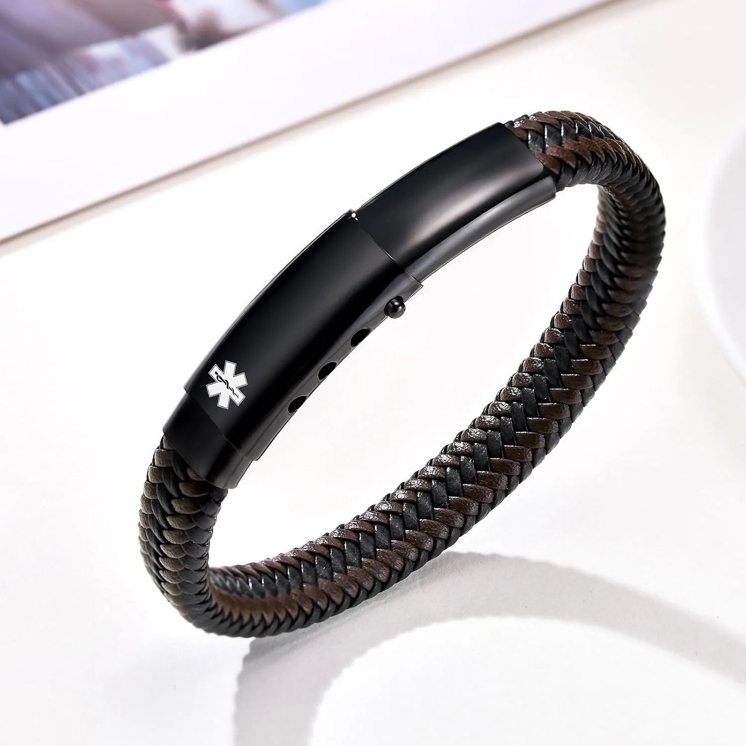 Personalized Medical Alert Bracelet for Men - Custom Stainless Steel and 2-Tone Braided Leather Medical ID Bracelets, Adjustable Emergency Medic ID Bracelet for Autism Allergy Diabetic Asthma Epilepsy