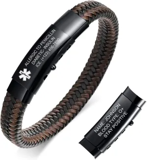 Personalized Medical Alert Bracelet for Men - Custom Stainless Steel and 2-Tone Braided Leather Medical ID Bracelets, Adjustable Emergency Medic ID Bracelet for Autism Allergy Diabetic Asthma Epilepsy